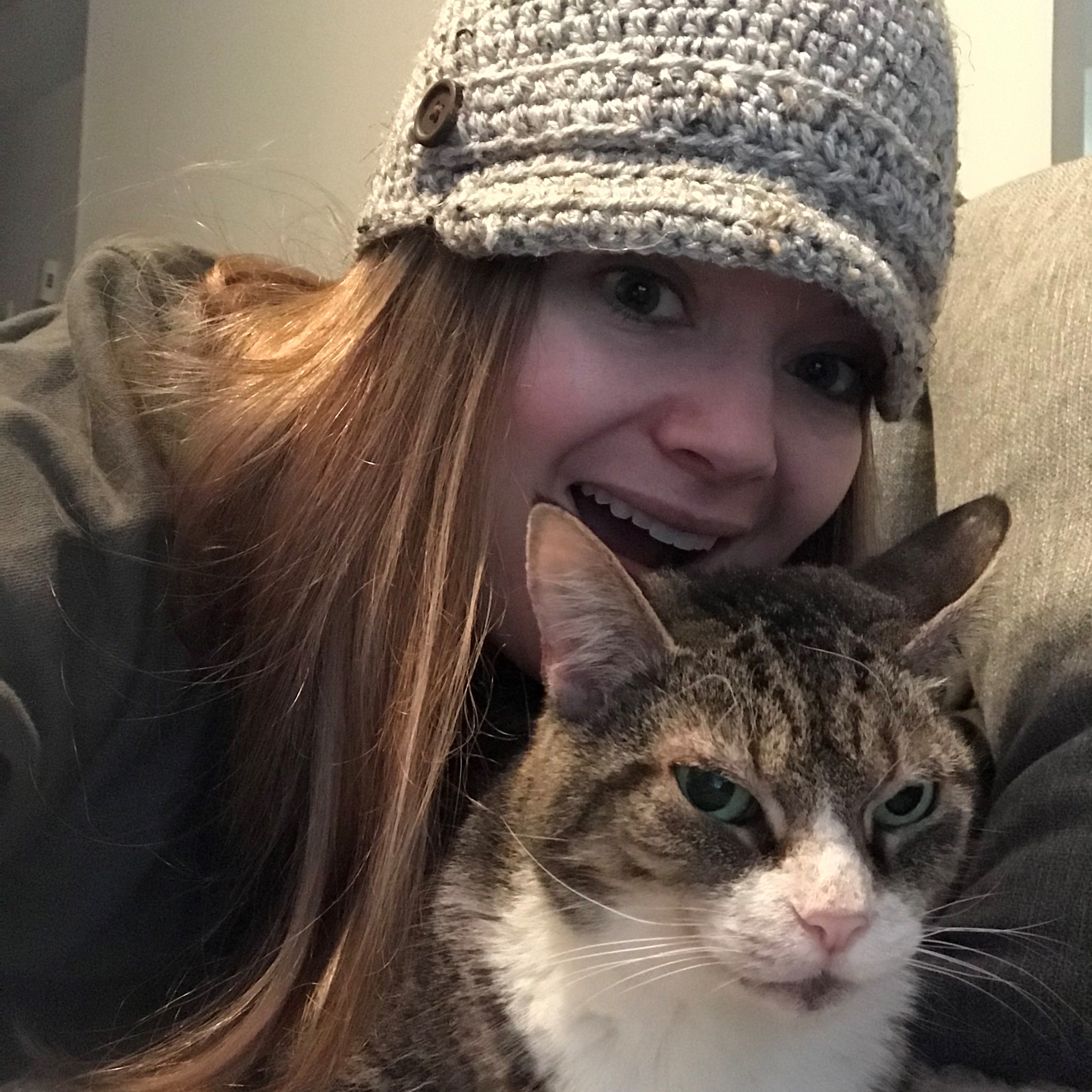 Crochet Newsboy Cap and Woman and Unamused Cat